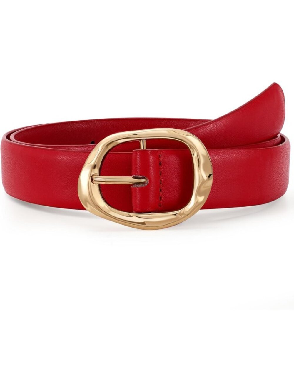 Women's Red Faux Leather Casual Waist Stylish Fashion Belt with Gold Buckle